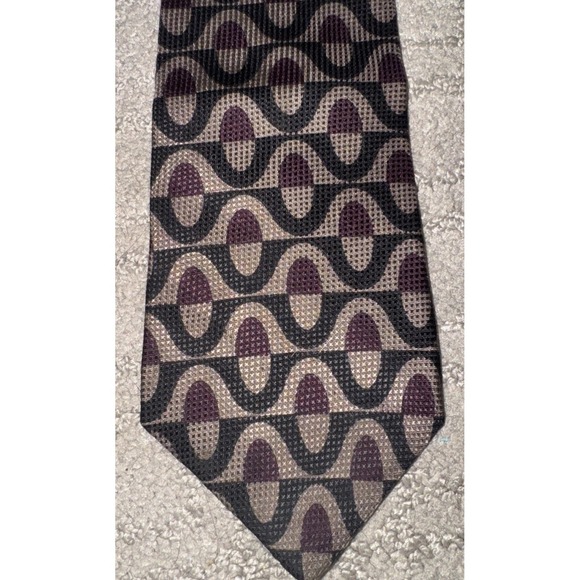 Vtg Oleg Cassini Silk Mens Necktie Art Deco Blk/burg/tan Geometric Classic USA - Picture 1 of 4